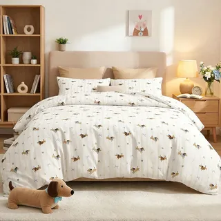 Nayoroom Bettwäsche 135x200 Braun Dackel Bettbezug Bettwäsche-Sets Beige Gestreift Herzen Muster ÖKO-TEX Microfaser Bettwäsche 135 x 200 und Kissenbezug 80x80 cm mit Reißverschluss