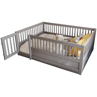 Okwish Kinderbett 140/200 cm grau aus Massivholz mit Tür und Rundumgitter , Grau , Holz , 140x200 cm , Babymöbel & Kindermöbel, Babyzimmer, Babybetten, Gitterbetten