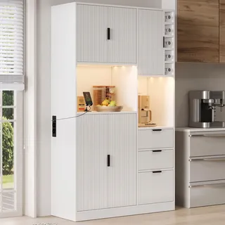 STILVORA Küchenschrank mit LED-Beleuchtung und Steckdosen, Weinschrank mit integriertem Weinregal,Aufbewahrungsschrank mit verstellbaren Einlegeböden und 3 Schubladen - Weiß