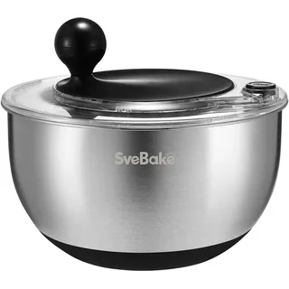 SveBake 5L Salatschleuder Edelstahl mit Stopptaste, BPA-Freie Gemüse Salatschleudern, Transparenter Deckel und Abflussloch, rutschfeste Unterseite, Spülmaschinenfeste Salad Spinner