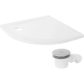 LuxeBath Duschwanne 80x80 cm Weiß mit Ablaufgarnitur, Duschtasse Komplett Set, Runde Brausewanne H:40 mm aus SMC, Viertelkreis - Radius 55 cm, Hochglanzoptik, Extra flache Brausetasse mit Siphon