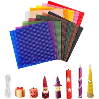 12 Stück Bienenwachs Blätter, 20*20 cm, Farbiger Bienenwachs Kerzen Selber Machen Set, Farbiger Bienenwachskerzen Set, Bienenwachsplatten, Bienenwachskerzen-DIY-Kit, 12 Dochte,Farbige Box Verpackung