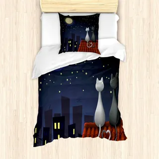 ABAKUHAUS Tier Bettbezug Set, Katzen auf dem Dach Paar Valentines Tier Kätzchen Kitty Nacht Vollmond Sternenhimmel, 135 x 200 cm + 80 x 80 cm, Grau Gelb - Grau, Gelb