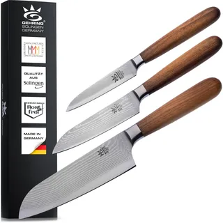 GEHRING SOLINGEN Damastmesser, Küchenmesser - Messerset, 3-tlg. Made in Germany, scharfe Profi Damastmesser, Messer Set aus 2x Santoku Messer und Gemüsemesser