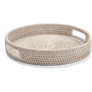 Serviertablett aus Rattan, rundes Tablett 30 cm – Handgeflochtener Korb im Landhausstil, Gebleicht Weiß, dekoratives Rattan Tablett mit Griffen für Wohnzimmer, Couchtisch oder Bad