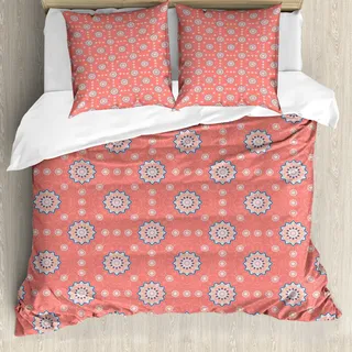 ABAKUHAUS marokkanisch Bettbezugs Set Für Doppelbetten, Asiatische Blumen verzieren, Milbensicher Allergiker geeignet mit Kissenbezügen, Pfirsich Korallenrot Blau