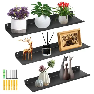 Uten Wandregal Metall Schwarz, Schweberegal Industrial 3er Set, Metallregale für Fotos, Büchern Deko, für Wohnzimmer, Schlafzimmer, Badezimmer, Küche, Länge