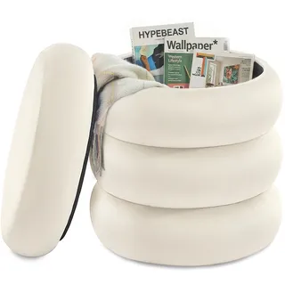 Songmics LOM018LH01 Schminktischhocker, rund, mit Aufbewahrung, gepolsterte Fußstütze, Abnehmbarer Deckel, Wohnzimmer, Schlafzimmer, Flur, einfach zu montieren, 43 x 47 cm, Samt, Cremeweiß