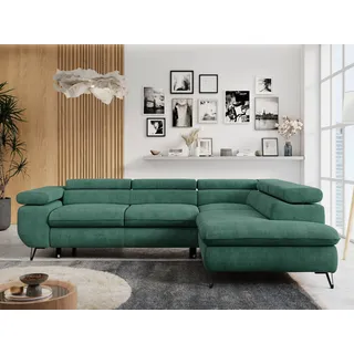Ecksofa Sofa Grün, Wohnlandschaft L-Form mit Schlaffunktion und Bettkasten, Schlafsofa mit Bettkasten, Sofa mit Einstellbare Kopfstützen, Peter L - Grün Struktur - Rechts Grün - Grün