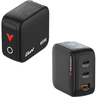 Verbatim Mini GaN Charger 65 W mit Display, 3 Ports USB-C Ladegerät, Power Adapter 2× USB-C & 1× USB-A, Schnellladegerät Mehrfachstecker für MacBook, Laptop, iPad, iPhone 17, Samsung- EU, UK, USA