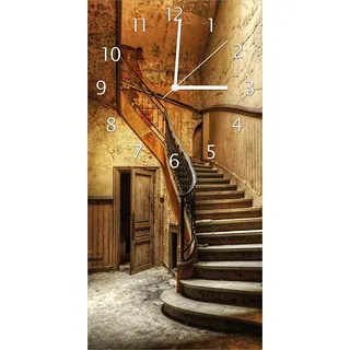 Wallario Design Wanduhr Rustikale Holztreppe aus Echtglas, Größe 30 x 60 cm - Schwarz