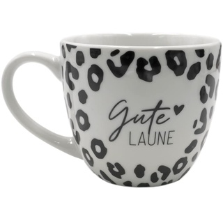 Dekohelden24 Maxi-XXL Kaffeebecher/Tasse aus Porzellan, schwarz-weiß Muster, Motiv: Gute Laune, Größe H/Ø: 9,2 x 10,5 cm, Fassungsvermögen 400 ml, Spülmaschinengeeignet, Leo-Print, 9,2 cm