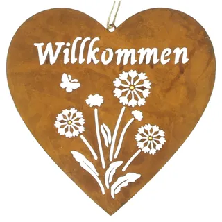 khevga Herzhänger Willkommen aus Metall 20cm – Edelrost-Optik Türdeko mit Blumen-Motiv & Schmetterling – Rustikales Türschild Landhausstil – Gartendeko zum Aufhängen für Haustür & Eingangsbereich