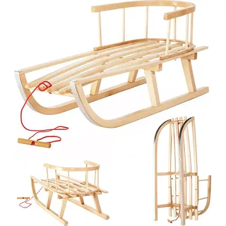 Maclean Brackets Holzschlitten inklusive abnehmbare Rückenlehne & Zugseil - Holz Schlitten