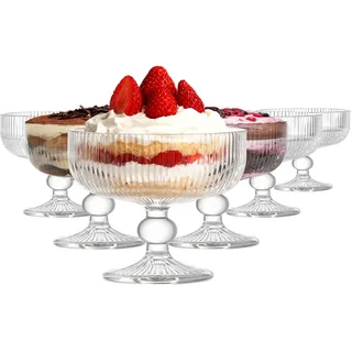 TOLASTO Dessertschalen, Vintage-Streifen, geprägtes Glas, mit Fuß, für Dessert, Eis, Salat, Süßigkeiten, Kuchen, für Zuhause, Party, Hochzeit, 320 ml, transparent, 6 Stück