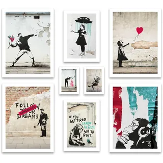ARTFAVES® Poster Set - BANKSY STREET ART - mehrteilige Wanddeko Wohnzimmer - 8 moderne Wandbilder Collage, Girl Balloon, Flower Thrower, Umbrella - ohne Bilderrahmen