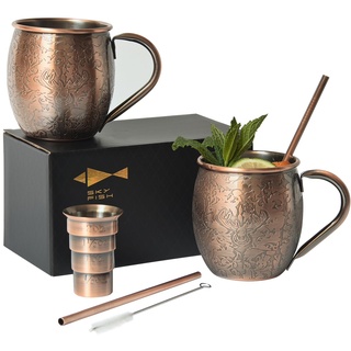 SKY FISH Moscow Mule Becher 2er Set, 3D Geprägte Cocktailgläser, 500 ml Edelstahl Weingläser, Handwäsche, Jahrgang Kupfer Oberfläche.