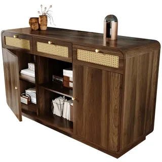 Modfu Sideboard aus MDF und Spanplatte 120x40x85 cm Nussbaum mit 3 Schubladen, 2 Türen, offenem Regal und Rattanfronten , Walnussfarben , Holzwerkstoff , 120x85x40 cm , Kleinmöbel, Kommoden, Sideboards