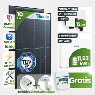 10 kWp FoxEss PV-Anlage 22x Trina 455Wp Glas-Glas 11,52kWh Speicher inkl. Smart ...
