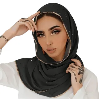 ANKOMINA Damen Weicher Chiffon-Schal mit Strass – Langer Modeschal, Muslimischer Hijab, Kopftuch, Schwarz, Einheitsgröße