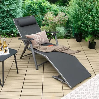 COSTWAY Klappbarer Sonnenliege Gartenliege mit 8-stufig Rückenlehne verstellbar, Kopfkissen und Verstellbarer Fußteil, Outdoor Aluminium Liegestuhl Klappliege mit schnell trocknendem Stoff - Grau