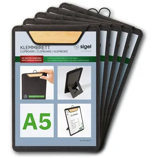 SIGEL KB221/5 Klemmbretter DIN A5 dunkelgrau/beige, 5 Stück, mit Aufstellfunktion, stabiles, stylisches Clipboard mit edler Leinenstruktur, strapazierfähig und leicht abwischbar, für Speisekarten