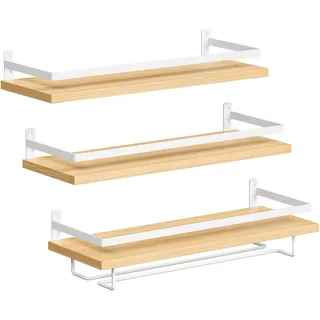 HOOBRO Wandmontierte Weinregale 3er Set, Weinregale, Hängende schwimmende Wandregale, Weinglas-Flaschenhalter, Stielglashalter, für Wohnzimmer, Esszimmer, Küche, Natur und Weiß EWN34BJ01
