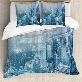 ABAKUHAUS Winter Bettbezug, Schnee in New York City, Milbensicher Allergiker geeignet mit Kissenbezügen, 155 cm x 220 cm - 80 x 80 cm, Weiß Hellgrün - Weiß