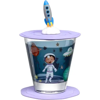 LEONARDO HOME Bambini Avventura Kinderglas mit Deckel und Untersetzer - Trinkglas mit Motiv aus hochwertigem Glas - Größe S, Inhalt 215 ml - 3-teiliges Trinkset mit Motiv Weltall, 023674