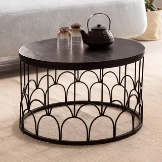 FineBuy Couchtisch Mango Massivholz rund Ø 60 cm Schwarz · Wohnzimmertisch mit Metallgestell · Handgefertigter Sofatisch im Art-Deco Industrial Design - Schwarz