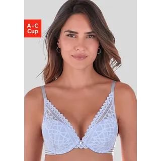 Push-up-BH S.OLIVER "Milene", Damen, Gr. 80, Cup A, eisblau, Spitze, Obermaterial: 60% Polyamid, 35% Polyester, 5% Elasthan, BHs Push-up-BH, im edlen High-Apex Look mit graphischer Jacquardspitze, sexy Dessous