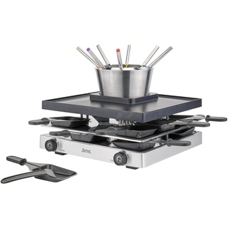 Spring RACLETTEFONDUE CLASSIC | Fondue Raclette Kombi 8 Personen | Antihaftbeschichtete Alu-Grillplatte & Fondue Topf | 8 x Pfännchen, Raclette Schaber, Gabeln | mit Abstellebene | Raclette Grill