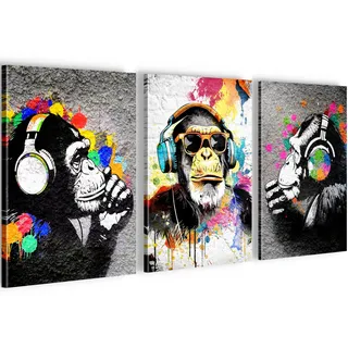 Novart Wandbilder Affe Banksy Style Graffiti - KOMPLETT AUFHÄNGFERTIG - Wohnzimmer Loft Deko - 3 Moderne Bilder 30x40 cm Grau Bunt - N034535a