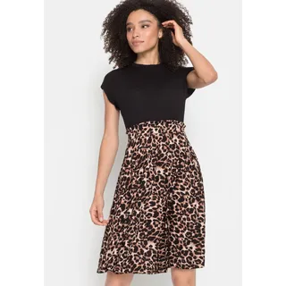 Jerseykleid LASCANA, Damen, Gr. 38, N-Gr, schwarz (schwarz, leo, bedruckt), Jersey, Obermaterial: 100% Viskose, bedruckt, figurumspielend kniefrei, Rundhals, Kleider Jerseykleid, mit Gummibund und Rüschenkante in der Taille, Leoprint, Topseller