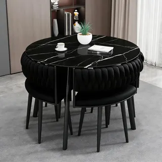 VTELGT Modernes Esstisch - Set mit Stühlen - 90cm Runder Esstisch mit 4 Stühlen - Küchentisch für 4 Personen Platzsparend für Küche Esszimmer Marmoroptik- mit Metallbeinen Schwarz