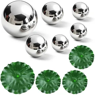 SHOWHEEL 6er Set Edelstahl Schwimmkugeln mit 4 Lotusblättern,Dekokugel Schwimmkugeln Silber, Schwimmende Teichdeko Miniteich, für Miniteich Terrassenteich Solarbrunnen Garten Balkon Teiche Deko