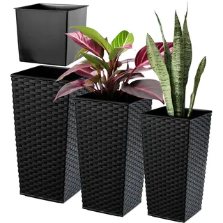 KADAX 3er Set Pflanzkübel mit Innentopf 36/46,5/57,5 cm Höhe, ca. 43L Gesamtvolumen, Schwarz Rattan – wetterfeste & robuste Blumenkübel aus Kunststoff, Blumentöpfe für Innen- & Außenbereich