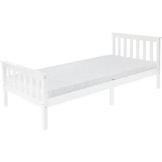 ML-Design Holzbett Kinderbett 90x200 cm Weiß mit Matratze, Kiefernholz, Bettgestell mit Lattenrost , Füße, Einzelbett mit Kopf- und Fußteil - Weiß