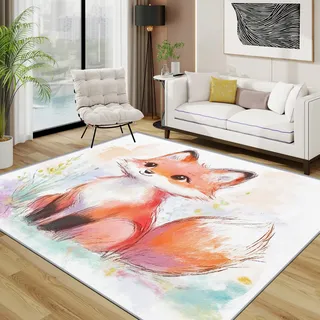 TerroVee Fuchs Teppich Waschbar, Süß Wald Tiere Kinderzimmer Teppich 80x150 cm, Aquarell Botanisch Pflanzen rutschfest Waschbar Pflegeleicht Teppiche Für Schlafzimmer Küche, Rot Orange Weiß