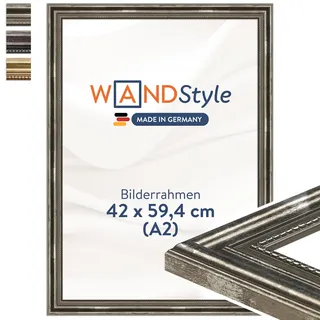 WANDStyle Bilderrahmen A2 Holz, DIN A2 Bilderrahmen Silber Vintage 60x42 cm, hochwertiger Holzbilderrahmen Antik, Posterrahmen zum Aufhängen, Rahmen 42x60 cm, Fotorahmen H450 - Made in Germany