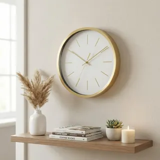 MIJOMA Wanduhr Ø 25 cm – leise Quarzuhr mit Aluminium-Rahmen in Gold – Moderne Wanduhr ohne Ticken für Wohnzimmer Küche Büro – skandinavisches Design (Weißes Zifferblatt)