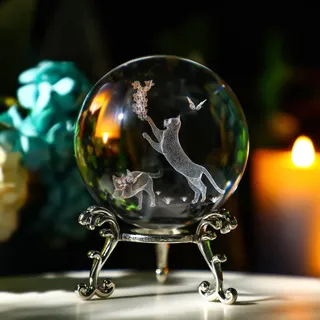 60mm 3D Katze Kristallkugel mit Ständer Lasergravur Briefbeschwerer Kugel | Katzenmotiv Katze Figur Briefbeschwerer Ständer Glaskugel Dekorative Kugel Weihnachten Geburtstag Cat Figurine Crystal Ball