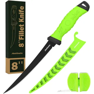 ANTOWIN 20,3cm Filetiermesser Fisch, Edelstahl Angelmesser Klinge aus Japanischem SG2, Fischmesser mit SharkGrip Griff, Scharfes Messer zum Angeln & Filetieren, inkl. Messerschutzhülle & XL Schärfer