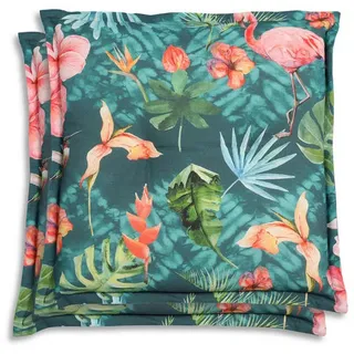 Gartenhockerauflage 2er-Set , Blau, Grün, Rosa , Textil , 2-teilig , Flamingo , Füllung: Schaumstoff, Vlies , quadratisch , 50x7x50 cm , Oeko-Tex® Standard 100 , pflegeleicht, hochwertige Qualität, langlebig, für den Außenbereich geeignet , Gartenmöbel, Gartenpolster & Auflagen, Gartenkissen