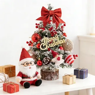 DXIA 45cm Mini Weihnachtsbaum Künstlich, Klein Künstlich Geschmückt mit Licht, Schleifen, Weihnachtskugeln und Tannenzapfen, Weihnachtsbaum Künstlich wie Echt, Weihnachtsbaumspitze Rot