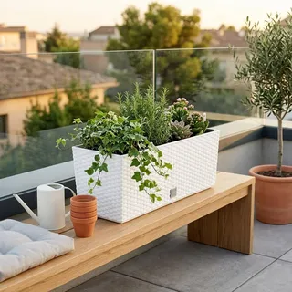 Großer Blumenkasten für den Innen- und Außenbereich, Kunststoff, Rattan-Effekt, für Terrasse, Garten oder Wohnzimmer, UV-beständig, 18,6 x 51,4 x 19,2 cm, Weiß