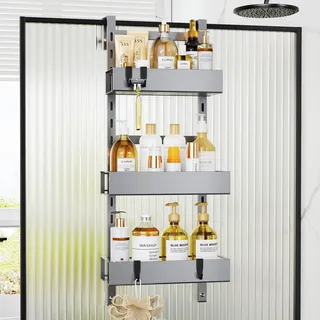 Orimade Duschablage zum Hängen mit Haken,Verstellbare Duschregal ohne Bohren,3 Stück Hängeregal Duschkorb für Rahmenlos Glastür Silber