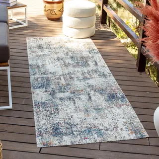 Livabliss Asward Outdoor 80x220 cm - Balkon, Terrasse, Garten, Küche, Boho Style, wetterfest in Beige und Blau