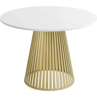 Esstisch Rund Ausziehbar mit Lamellen im Loft-Stil – 120 bis 200 cm – Industrieller Tisch mit Goldenen Metallbeinen, Platzsparend für Wohnzimmer oder Esszimmer – Weiß - Weiß