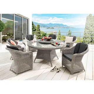 Destiny Sitzgruppe »MALAGA LUNA«, 6 Sessel, 1x Drehteller), (Set,19-tlg., 6xSessel, 1 Tisch Ø 150x75 cm), Aluminium, Polyrattan, weiß